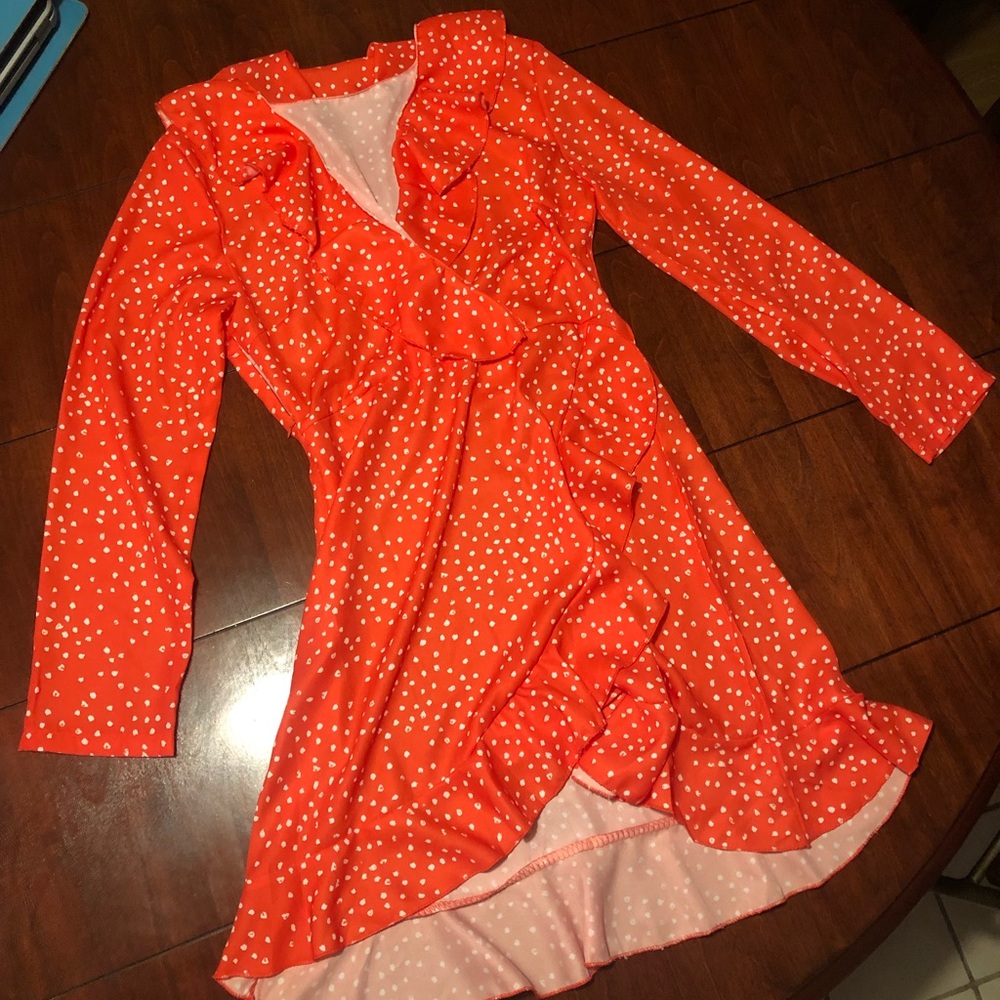 Red and White 3/4 Sleeve Wrap Dress